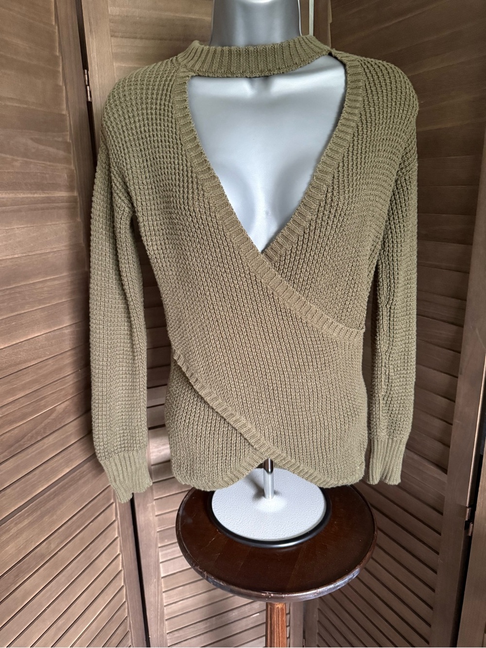 Thick knit olive, open neck, asymmetrical sweater. Goblincore, y2k, vintage.